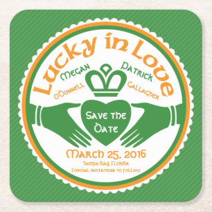 Lucky in Love Irish Claddagh Wedding Save the Date Square Paper Coaster