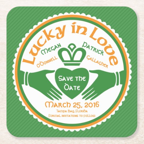 Lucky in Love Irish Claddagh Wedding Save the Date Square Paper Coaster