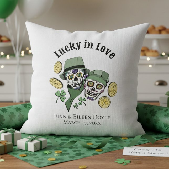 Lucky In Love Irish Sugar Skulls Newlywed Throw Pillow (Lucky in Love Irish Couples Shower White Pillows. Irish Sugar Skulls, Green Shamrocks, Gold Coins)