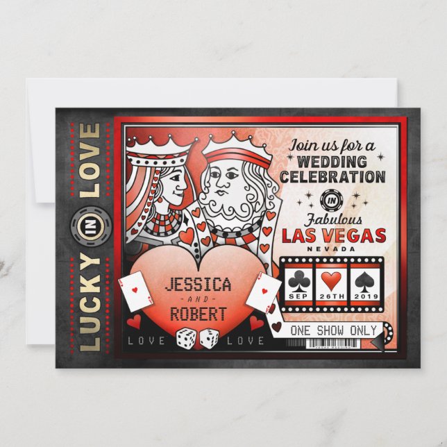 Lucky in Love Las Vegas Red Black Wedding Invite (Front)