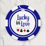 Lucky In Love Navy Blue and White Vegas Wedding Favor Tags<br><div class="desc">Getting married in Vegas or another fun casino city? Or having a casino themed wedding? These "Lucky in Love" navy blue and white favor tags would make a perfect addition to your guest's favors. Personalize your design with your names in black in the center, and a wedding date, thank you,...</div>