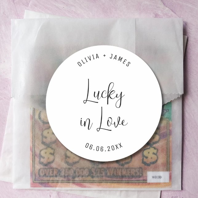 Lucky in Love Personalized Wedding Favor Classic Round Sticker (Creator Uploaded)