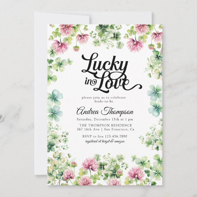 Lucky in Love | Pink Green Bridal Shower Invitation (Front)