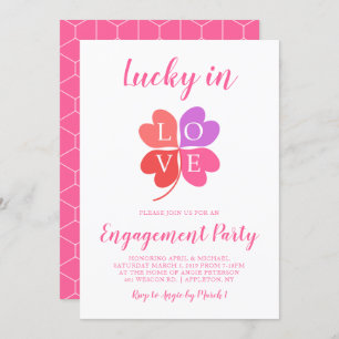 Lucky In Love Pink Heart Shamrock Engagement Party Invitation