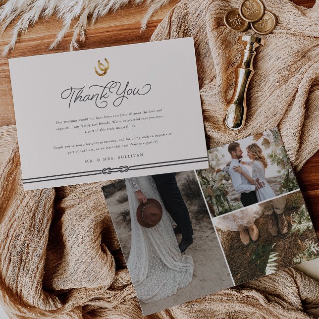 Lucky in Love | Rustic Horseshoes Wedding Photo Thank You Card (Creator Uploaded)