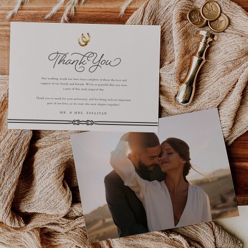 Lucky in Love  Rustic Horseshoes Wedding Photo Thank You Card