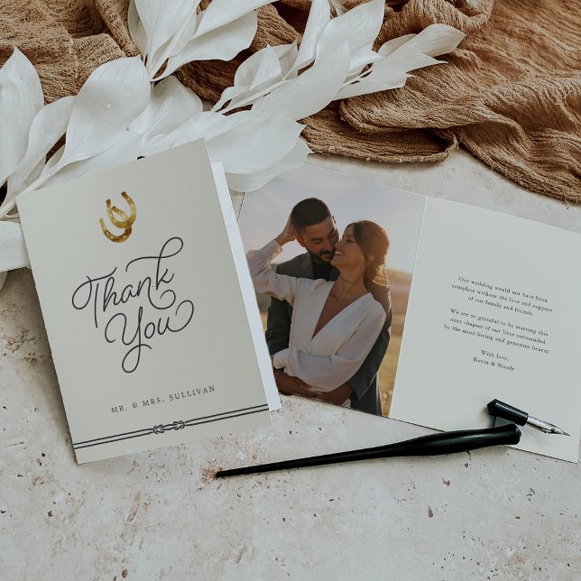 Lucky in Love | Rustic Horseshoes Wedding Photo Thank You Card (Creator Uploaded)