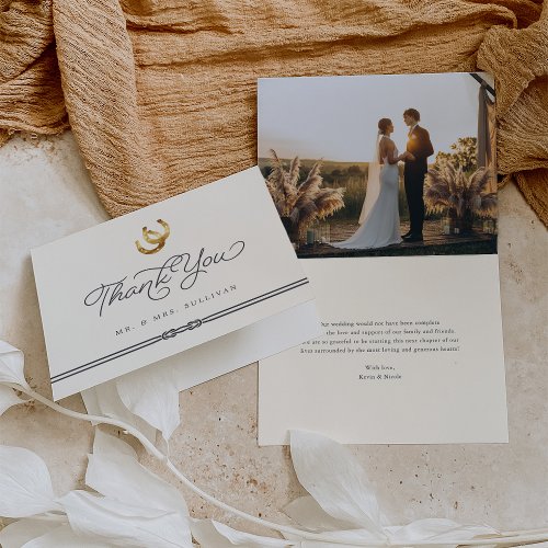 Lucky in Love  Rustic Horseshoes Wedding Photo Thank You Card