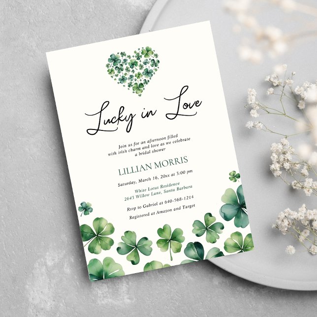 Lucky in Love Shamrock Heart Bridal Shower Invitation (Creator Uploaded)