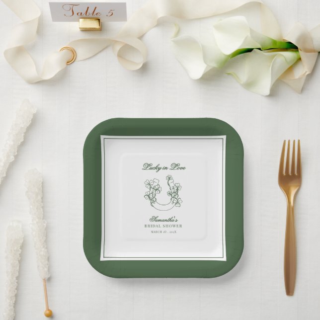 Lucky in Love Shamrock Horseshoe Bridal Shower Paper Plates (Wedding)