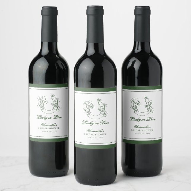 Lucky in Love Shamrock Horseshoe Bridal Shower  Wine Label (Bottles)