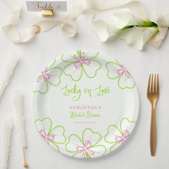 Lucky in Love ShamrockPink Green  Bridal Shower  Paper Plates (Wedding)