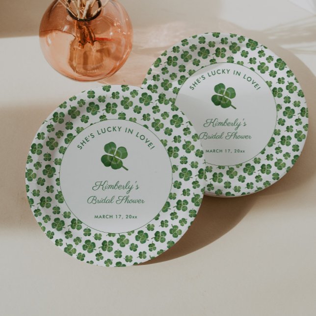 Lucky In Love St Patrick's Day Bridal Shower Party Paper Plates (Watercolor four leaf clover lucky in love St Patrick's day bridal shower party paper plates)