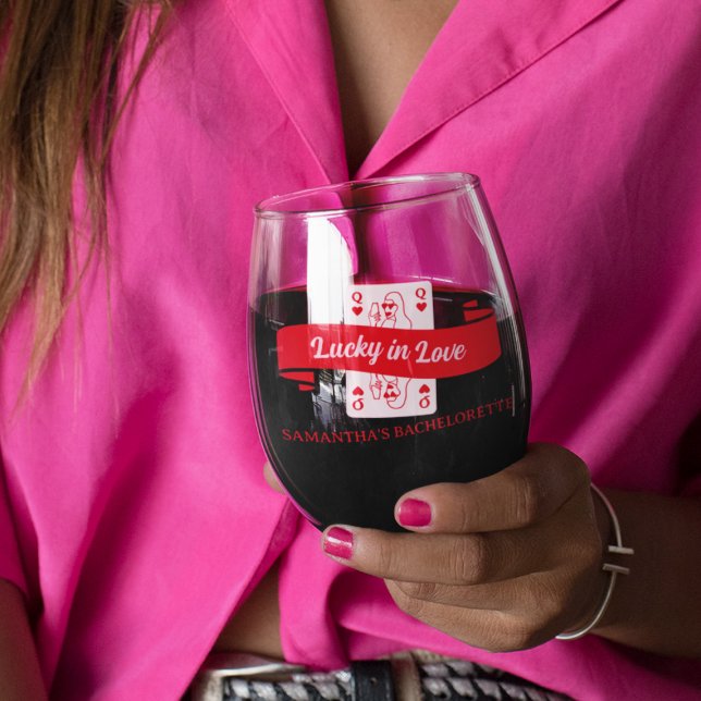 Lucky In Love Vegas Pink & Red Bachelorette Favor Stemless Wine Glass (Lucky In Love Vegas Pink & Red Bachelorette Favor Stemless Wine Glass)