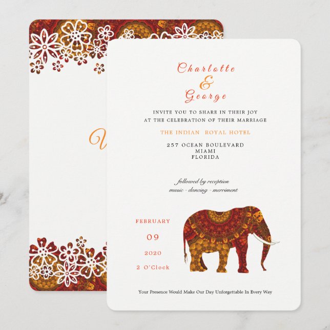Lucky Indian Elephant Elegant Lace Wedding Invite (Front/Back)