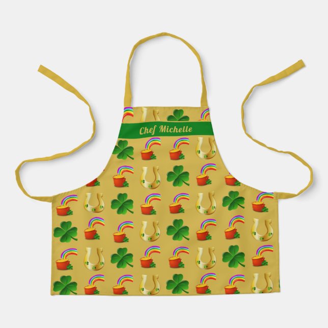 Lucky Irish Chef Personalized Gold Green Apron (Front)