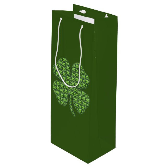 Lucky Irish Clover Dark Green Wine Gift Bag (Front Angled)