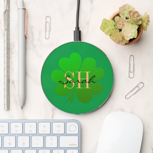 Lucky Irish Clover  Shamrock monogrammed Wireless Charger