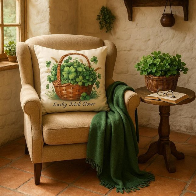 Lucky Irish Clover (Shamrock) Throw Pillow (Cozy Irish cottage reading nook featuring the Lucky Irish Clover/Shamrock throw pillow.)