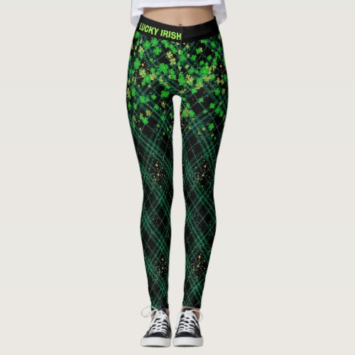 Lucky Irish Gold Sprinkled Tartan Plaid and Clover Leggings