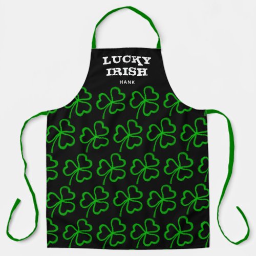 Lucky Irish Green Shamrock Pattern Black Monogram Apron