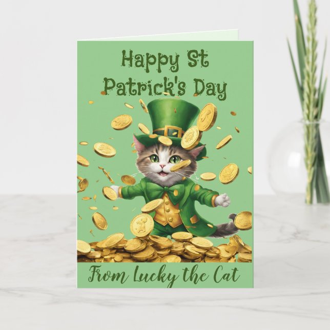 Lucky Irish Leprechaun cat St Patrick celebrate Holiday Card (Front)