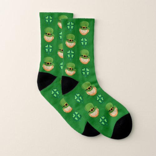 Lucky Irish Leprechaun with shamrocks green Socks