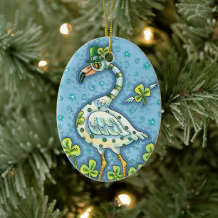 LUCKY IRISH POLKA DOT FLAMINGO, FUNNY BIRD 2021 CERAMIC ORNAMENT