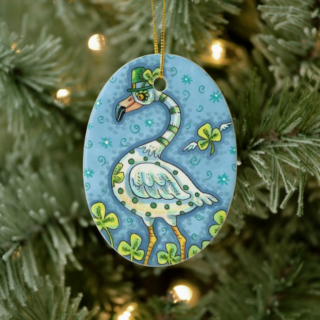 LUCKY IRISH POLKA DOT FLAMINGO, FUNNY BIRD 2021 CERAMIC ORNAMENT (Tree)