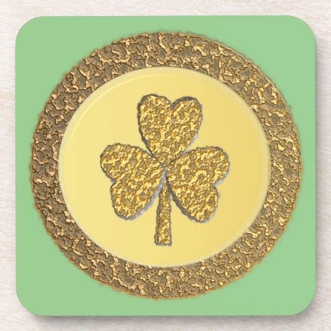 Lucky Irish Shamrock Gold Coin Beverage Coaster (Front)