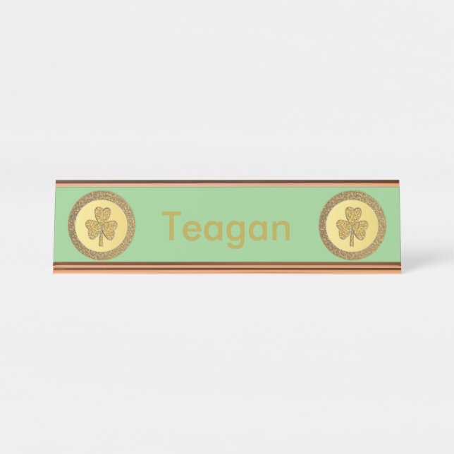 Lucky Irish Shamrock Gold Coin Custom Desk Name Plate (Front)