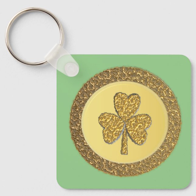 Lucky Irish Shamrock Gold Coin Custom Keychain (Front)