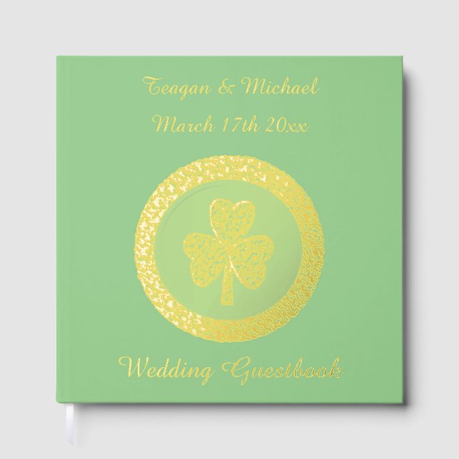 Lucky Irish Shamrock Gold Coin Custom Wedding Foil Guest Book (Front)