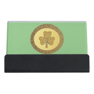 Lucky Irish Shamrock Gold Coin Desk Business Card Holder