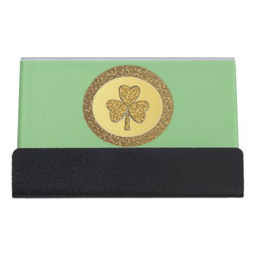 Lucky Irish Shamrock Gold Coin Desk Business Card Holder