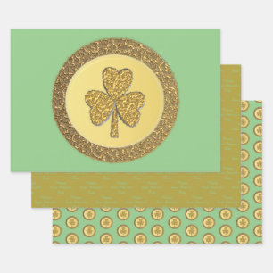 Lucky Irish Shamrock Gold Coin Wrapping Paper Sheets