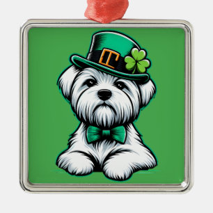 Lucky Irish Shamrock Maltese Dog St Patricks Day Metal Ornament