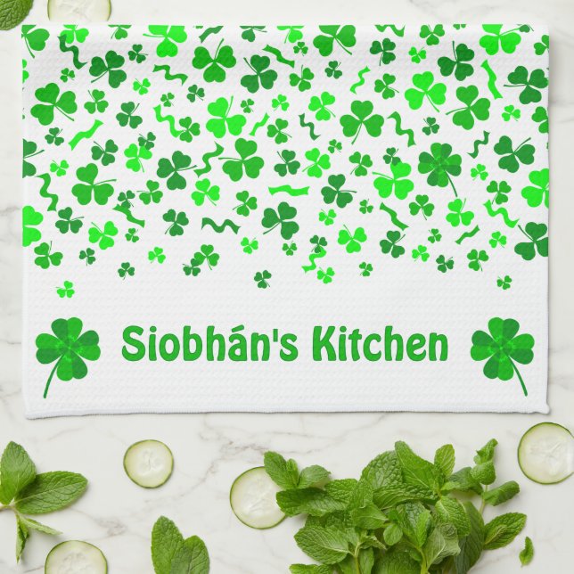 Lucky Irish Shamrocks Clover Personalized Kitchen Towel (Folded)