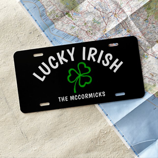 Lucky Irish St Patricks Day Shamrock Personalized License Plate (In Situ)
