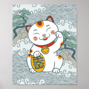 Lucky Japanese Calico Cat   Maneki Neko Left Paw Poster