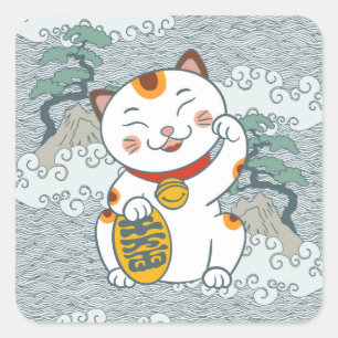 Lucky Japanese Calico Cat Maneki Neko Left Paw Square Sticker