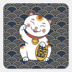 Lucky Japanese Calico Cat   Maneki Neko Square Sti Square Sticker