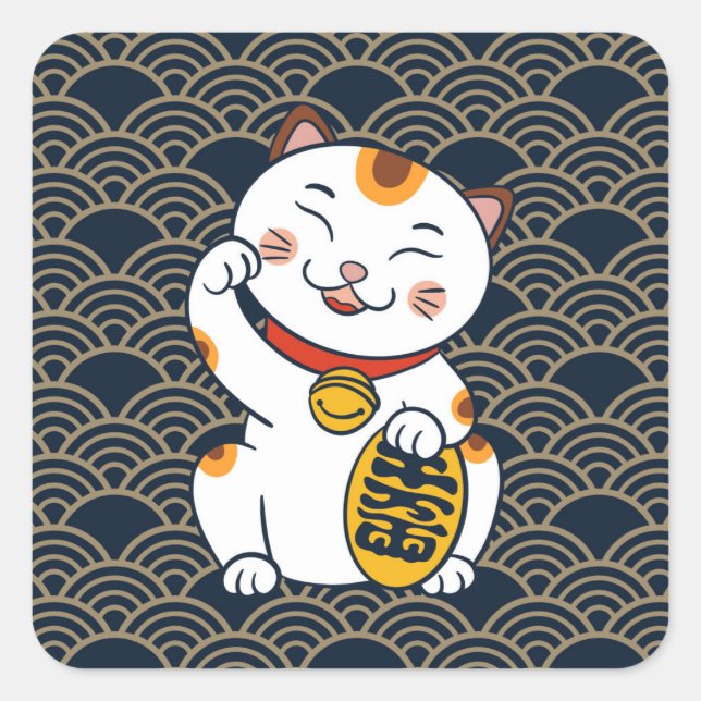 Lucky Japanese Calico Cat | Maneki Neko Square Sticker (Front)