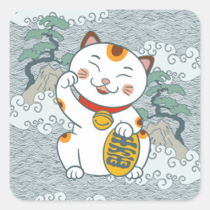 Lucky Japanese Calico Cat Maneki Neko Square Sticker