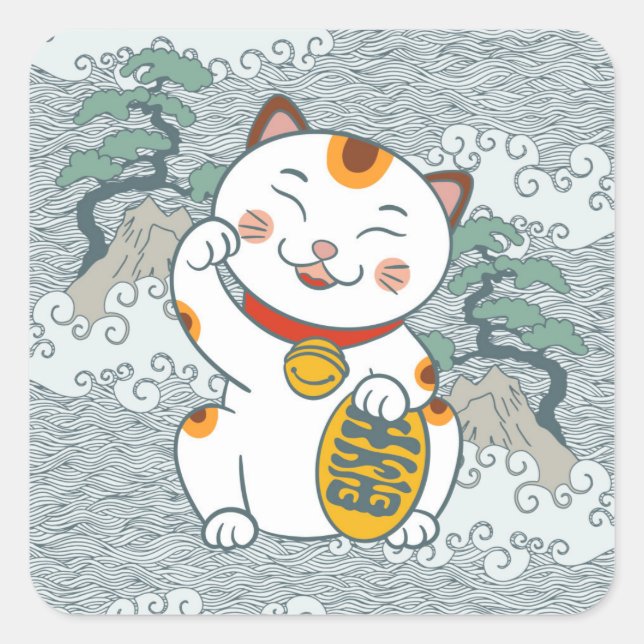 Lucky Japanese Calico Cat | Maneki Neko  Square Sticker (Front)