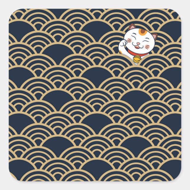 Lucky Japanese Calico Cat | Maneki Neko Square Sticker (Front)
