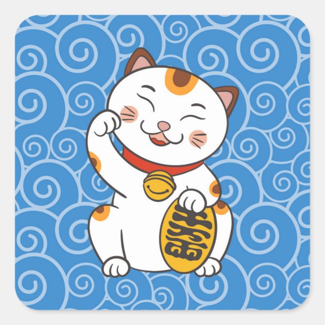 Lucky Japanese Calico Cat | Maneki Neko Square Sticker (Front)