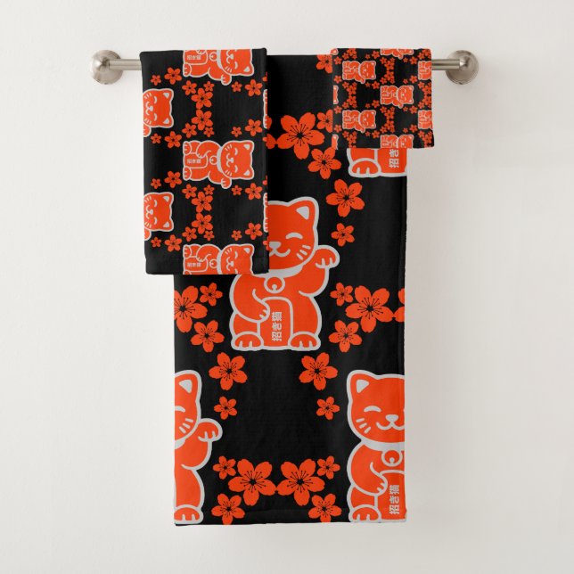 Lucky Japanese Maneki-neko Bath Towel Set (Insitu)