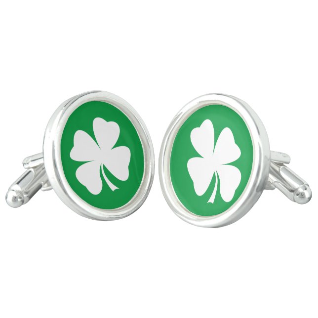 Lucky Kelly Green Four Leaf Clover Irish Mens Cufflinks (Angled)