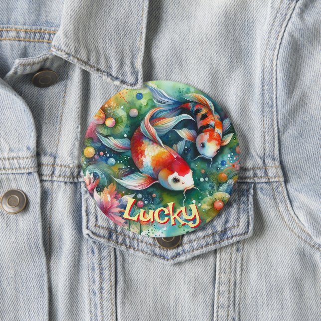 Lucky Koi Fish Whimsical Watercolor Personalized Button (In Situ)